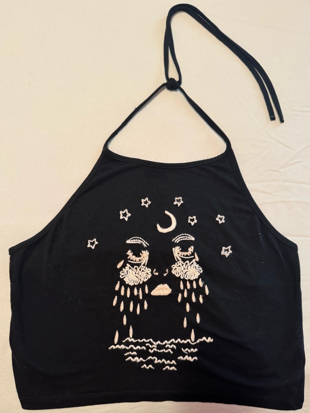 Rare Brandy Melville Black Embroidered Crying Moon Halter Crop Top John Galt